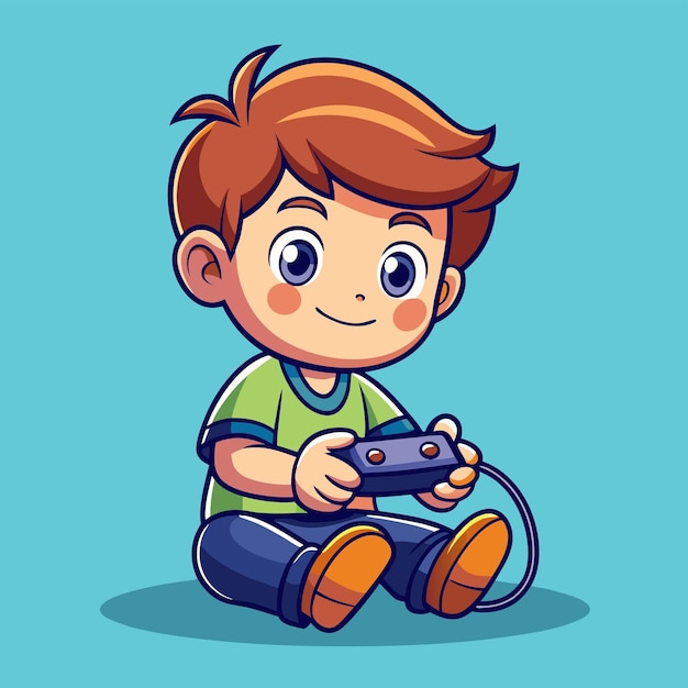 Cute Little Boy Gamer Playing Game With Joystick Cartoon Icon Vector Illustration