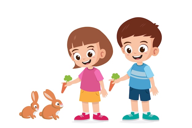 Cute little boy and girl feed the rabbits vector illustration