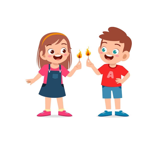 Cute little boy and girl holding match stick with fire