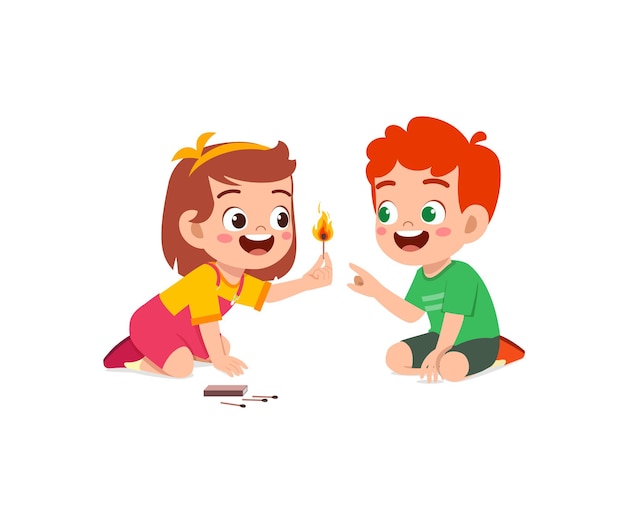 Cute little boy and girl holding match stick with fire