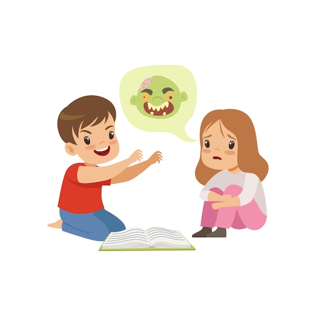 Cute little boy and girl reading a scary book kids fabulous imagination concept vector illustration