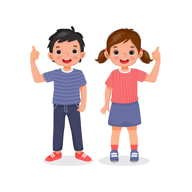 Cute little boy and girl showing thumb up gesture with positive facial expression