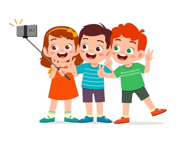 Cute little boy and girl take selfie together illustration