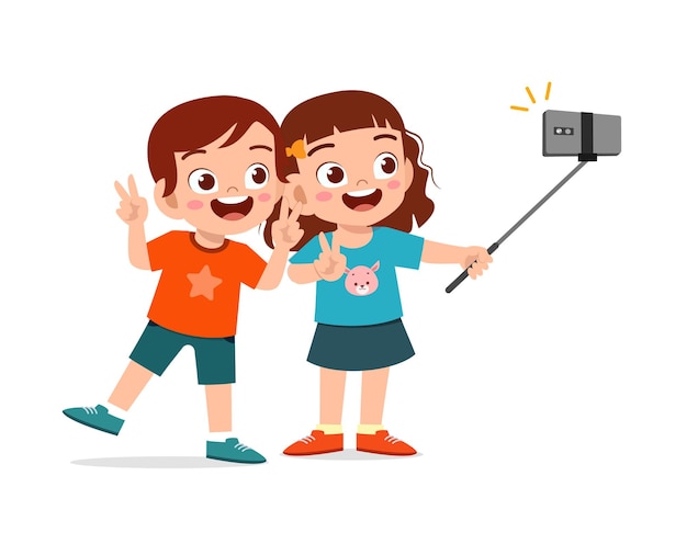 Cute little boy and girl take selfie together