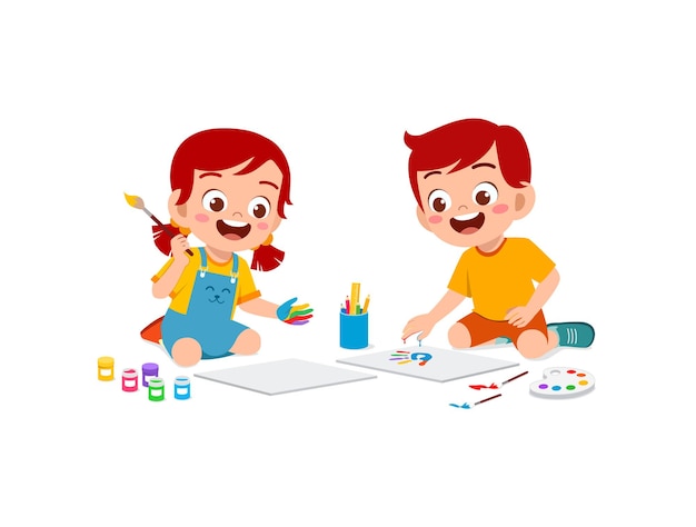 Cute little boy and girl using paint to hand for art