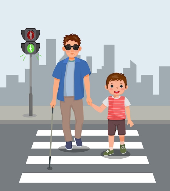 Cute little boy helping blind man crossing street at the pedestrian traffic