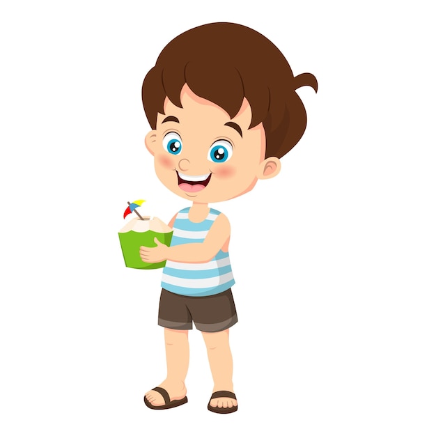 Cute little boy holding coconut water drink