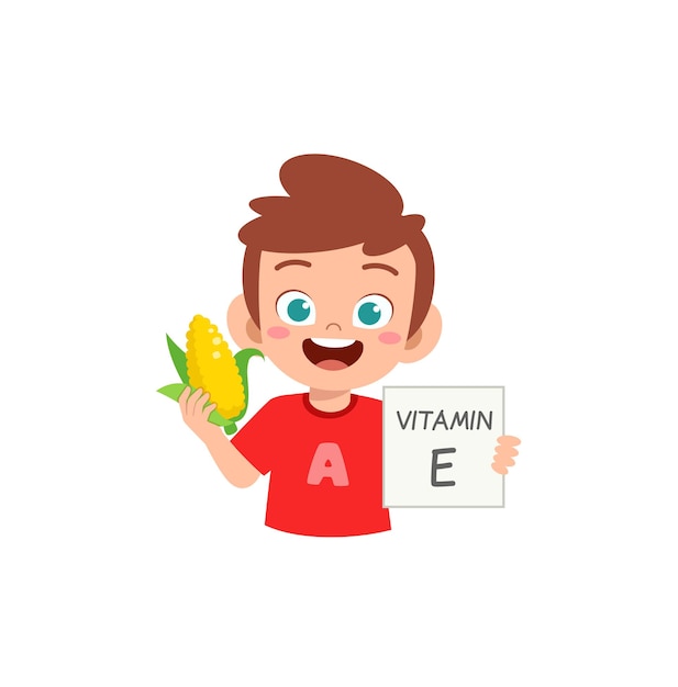 Cute little boy holding fruit and vitamin card