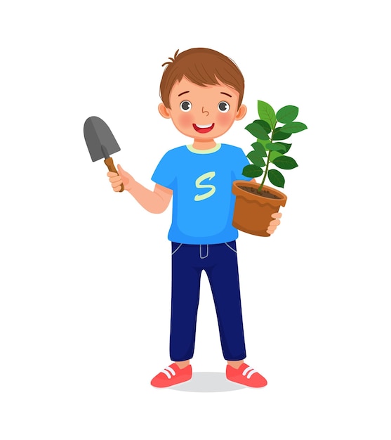 cute little boy holding potted plant and shovel in the garden