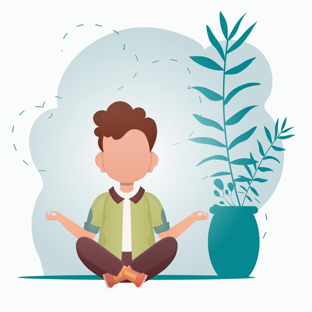 Vector a cute little boy is doing yoga in the room sports and recreation concept cartoon style vector illustration