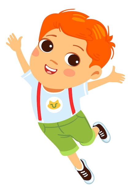 Cute little boy jumping. Smiling cartoon character celebrating