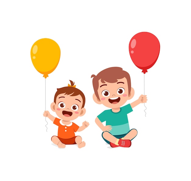 Cute little boy play balloon with baby sibling