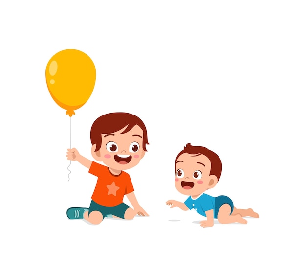 Cute little boy play balloon with baby sibling