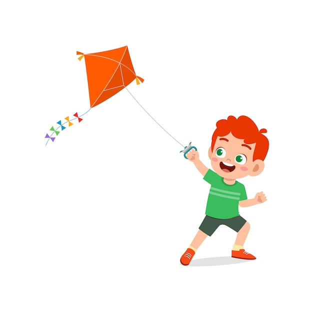 Cute little boy play kite outside and feel happy