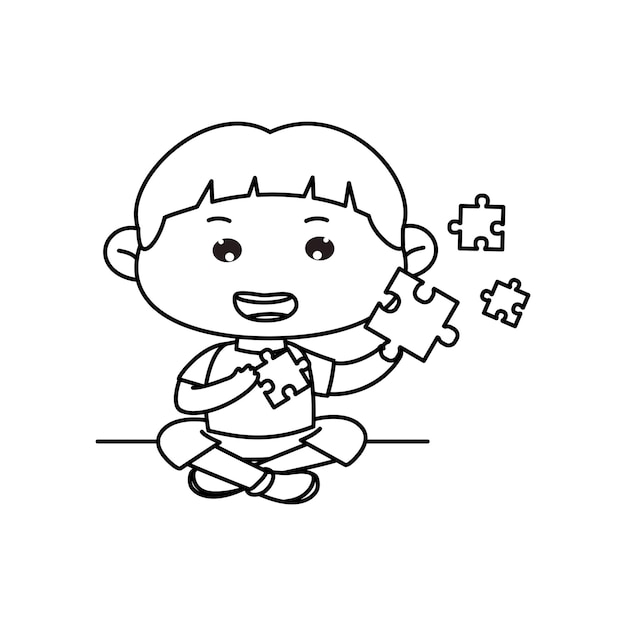 Cute little boy playing jigsaw puzzle Sit playing Coloring book Cartoon vector illustration