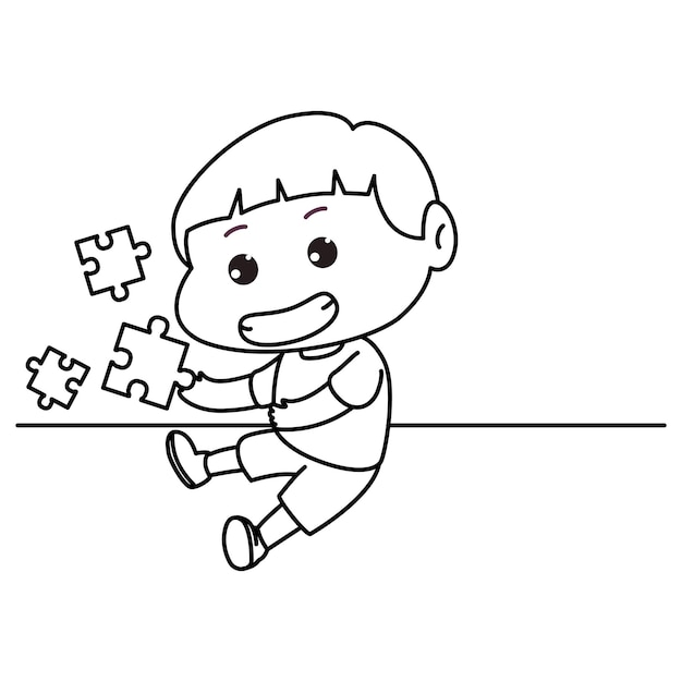 Cute little boy playing jigsaw puzzle Sit playing Coloring book Cartoon vector illustration