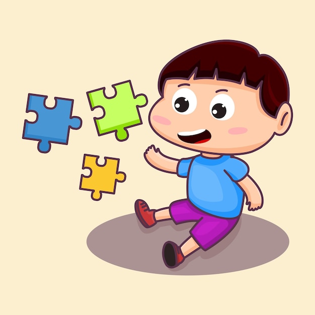 Cute little boy playing jigsaw puzzle Sit playing holding a colorful puzzle Cartoon vector