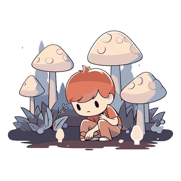 Cute little boy playing with mushrooms in the garden