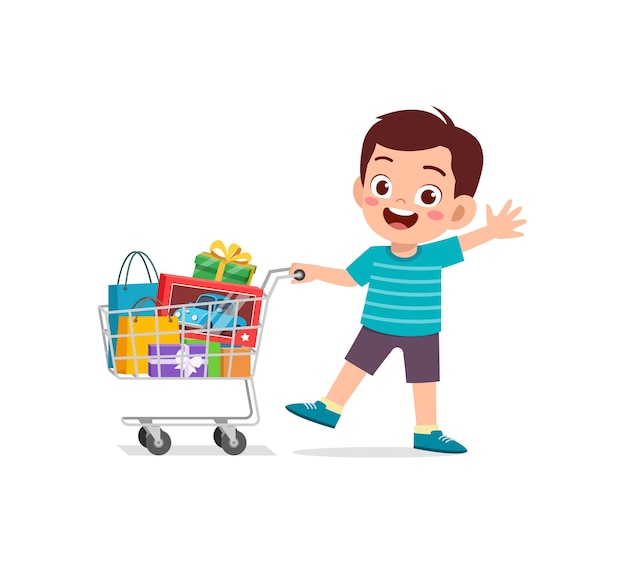 Cute little boy push shopping cart full of groceries