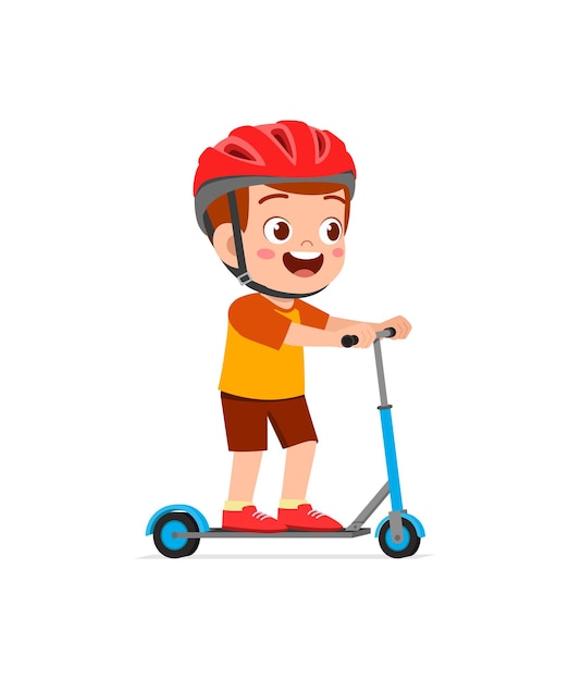 Cute little boy riding scooter and wear helmet