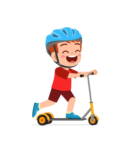 Cute little boy riding scooter and wear helmet