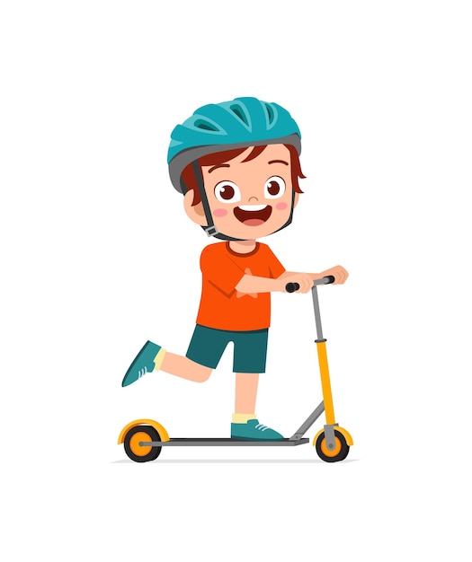 Cute little boy riding scooter and wear helmet