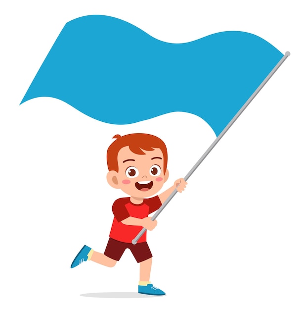 Cute little boy run and holding flag