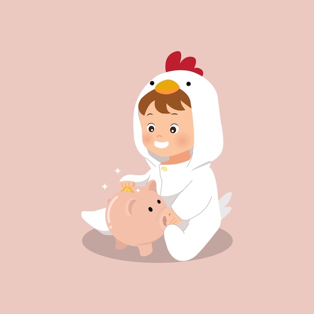 Cute little boy saving a coin to a piggy bank illustration. Saving money since little. Flat style vector.