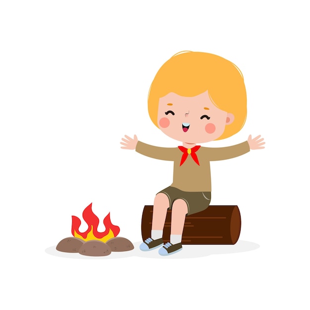 Cute little boy scout or girl scout sitting on a log by the campfire Happy kid honor uniform