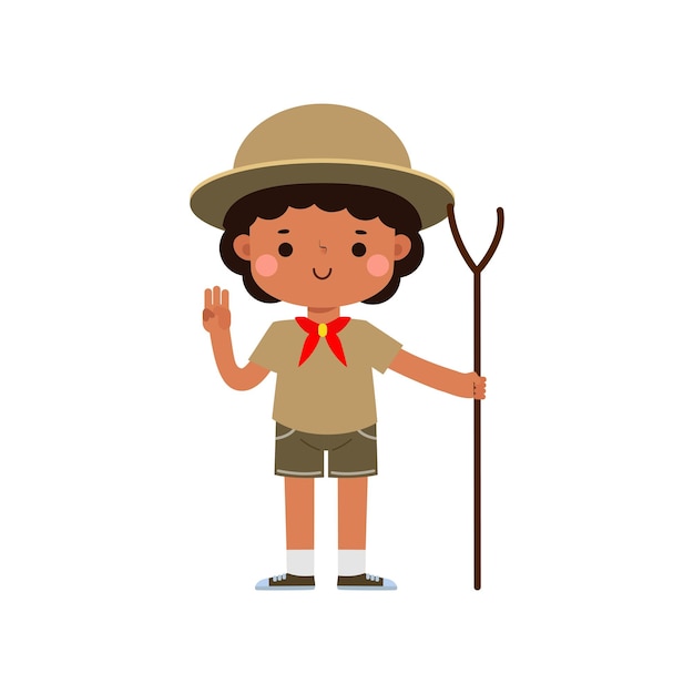 cute little boy scout with Hiking Stick Happy kid girl scout honor uniform summer camp cartoon flat