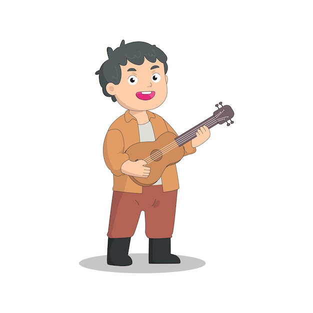 Vector a cute little boy sings and plays the guitar joyfully