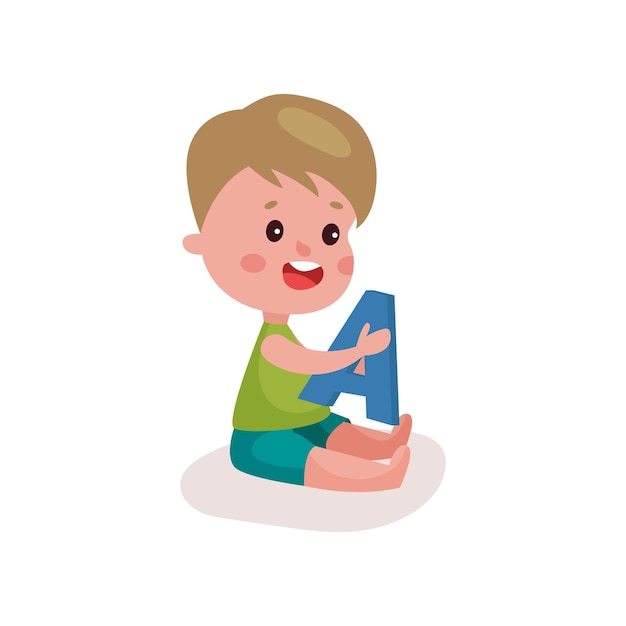 Cute little boy sitting on the floor playing with letter A, kid learning through fun and play colorful cartoon vector Illustration on a white background