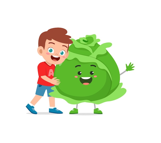 Cute little boy stands with cabbage character