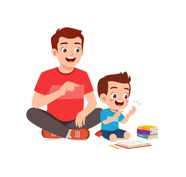 Cute little boy study math with father