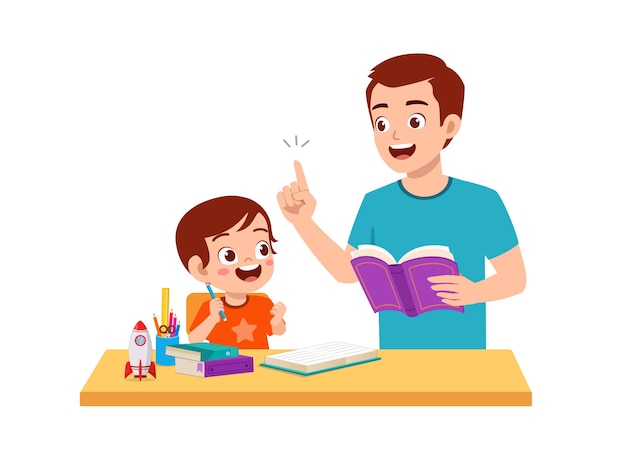 Cute little boy study with father at home together