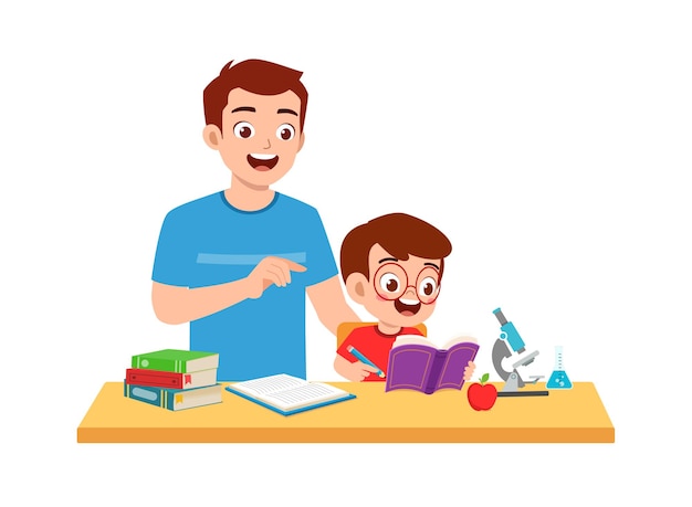 Cute little boy study with father at home together