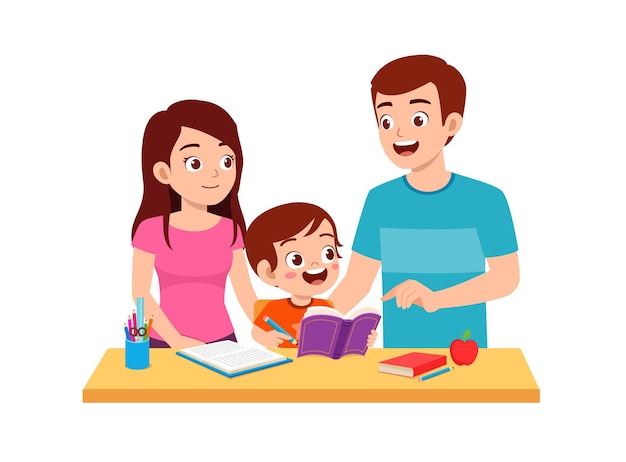 Cute little boy study with mother and father at home together