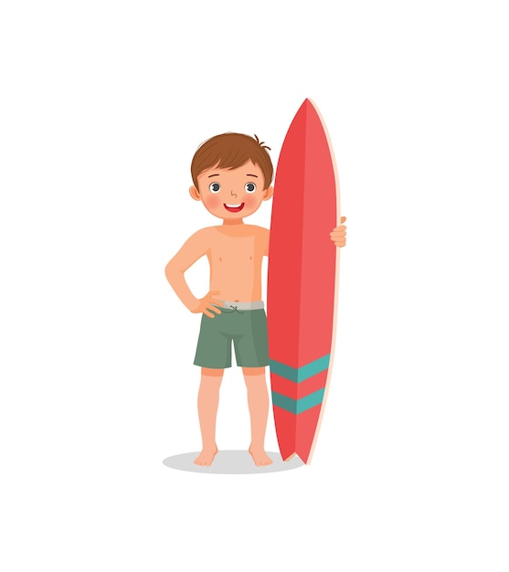 cute little boy surfer holding surfboard waving hand on summer vacation