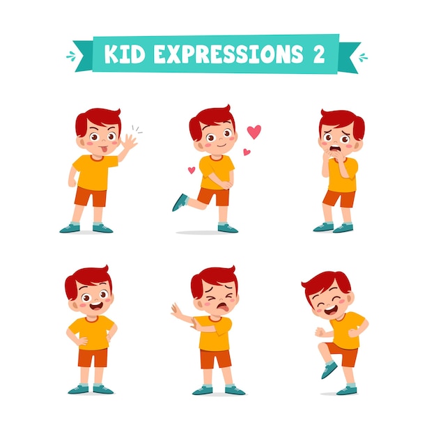 Cute little boy in various expressions and gesture set