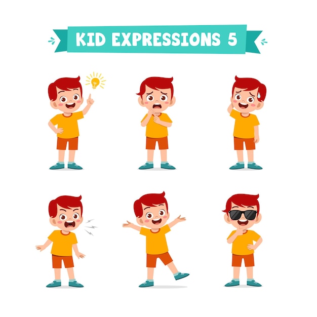 Cute little boy in various expressions and gesture set