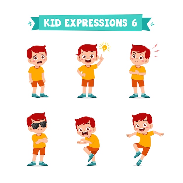 Cute little boy in various expressions and gesture set