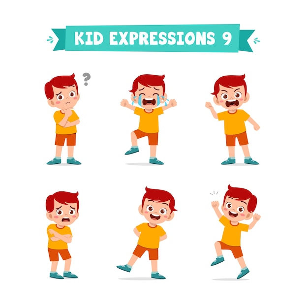 Cute little boy in various expressions and gesture set