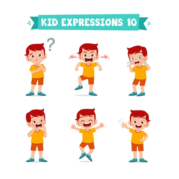 Cute little boy in various expressions and gesture set