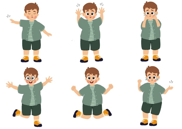 Vector cute little boy in various expressions and movement sets