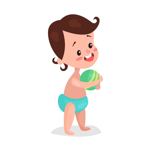 Cute little boy wearing diaper playing with a ball cartoon vector Illustration on a white background