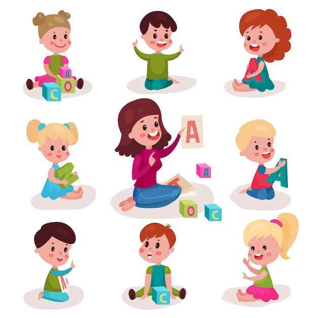 Cute little boys and girls learning letters with their teacher set, kids learning through fun and play colorful cartoon   Illustrations