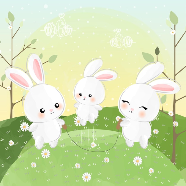 cute little bunnies playing with jump rope