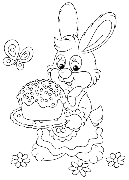 Cute little bunny in a beautiful holiday dress holding a dish with a sweet Easter cake