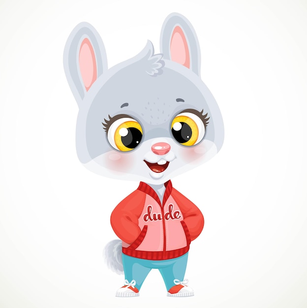 Cute little bunny boy in in a jacket and sneakers isolated on white background