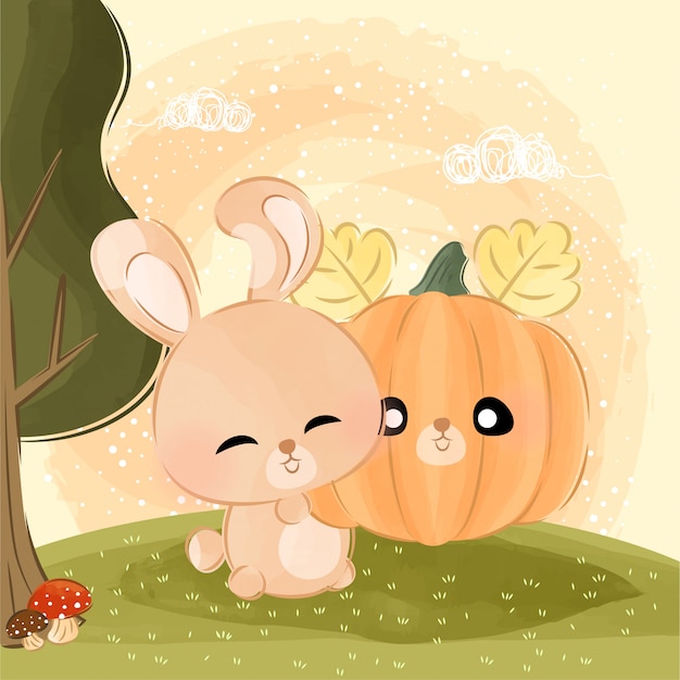 cute little bunny carrying pumpkin